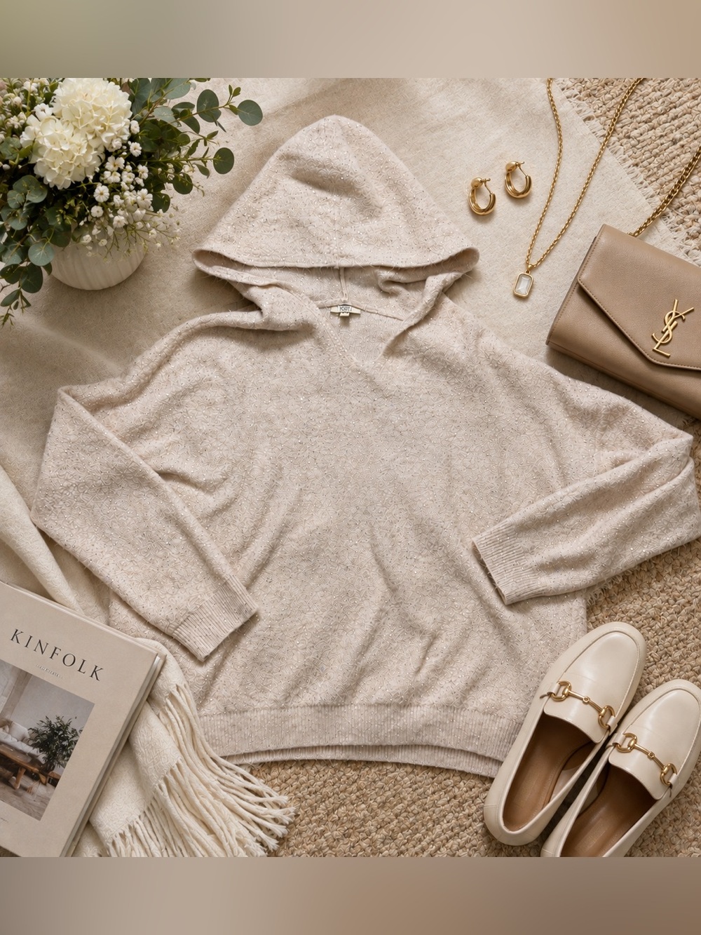 Kori America Sparkle Knit Hooded Sweater M/L Cream Sequin Cozy Hoodie